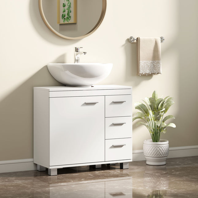 Bathroom Sink Cabinet, MDF, 2 Shelves, 3 Drawers, White
