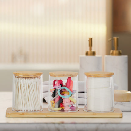 Bathroom Storage Set with Bamboo Lids and Tray