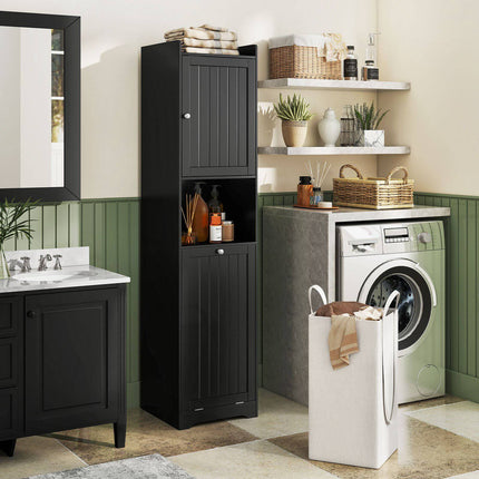Bathroom Tall Cabinet With Laundry Hamper, Adjustable Shelf, Black