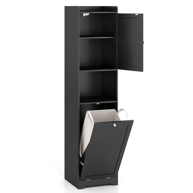 Bathroom Tall Cabinet With Laundry Hamper, Adjustable Shelf, Black