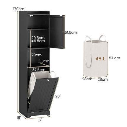 Bathroom Tall Cabinet With Laundry Hamper, Adjustable Shelf, Black