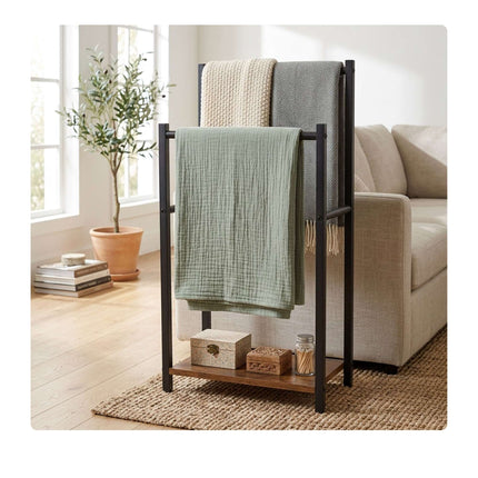 Bathroom Towel Rack with Shelf, Brown, Steel & MDF