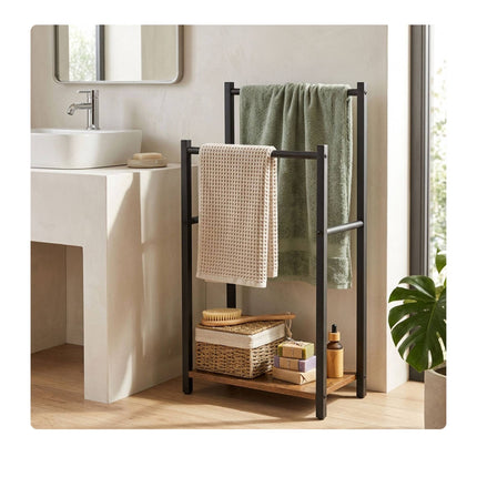 Bathroom Towel Rack with Shelf, Brown, Steel & MDF