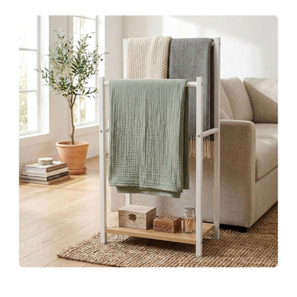 Bathroom Towel Rack with Shelf, Wood-Effect Finish