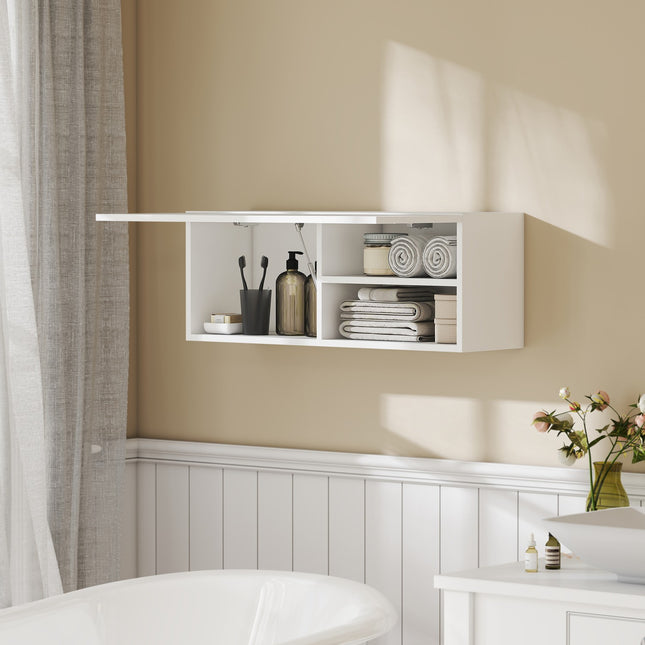 Bathroom Wall Cabinet, Lift-Up Door, Gas Strut, 80x25x30 cm, White