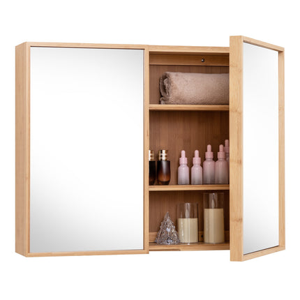 Bathroom Wall Cabinet with Mirror, Double-Door, Bamboo