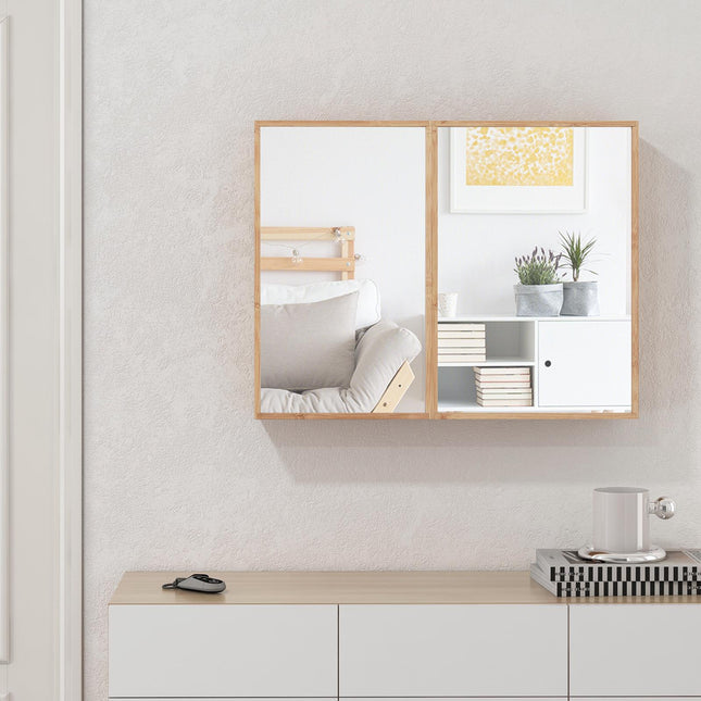 Bathroom Wall Cabinet with Mirror, Double-Door, Bamboo