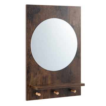 Bathroom Wall Mirror with Storage Shelf and 3 Hooks, Rustic Brown, 34 cm Round