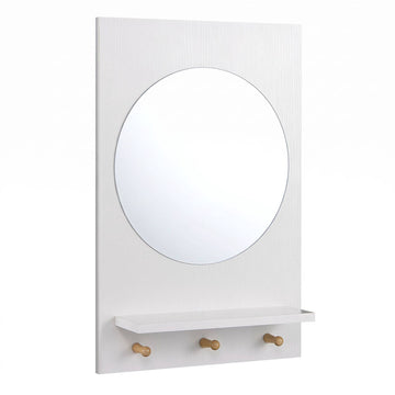 Bathroom Wall Mirror with Storage Shelf and 3 Hooks, White, 34 cm Round