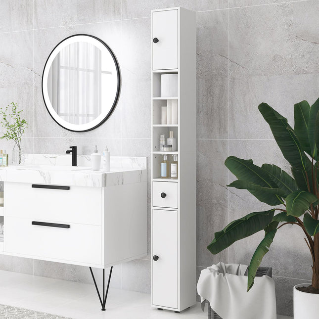 Bathroom cabinet, 4 shelves, drawer, chipboard, slim design, white
