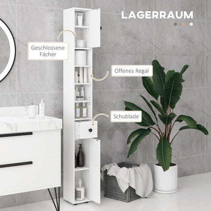 Bathroom cabinet, 4 shelves, drawer, chipboard, slim design, white