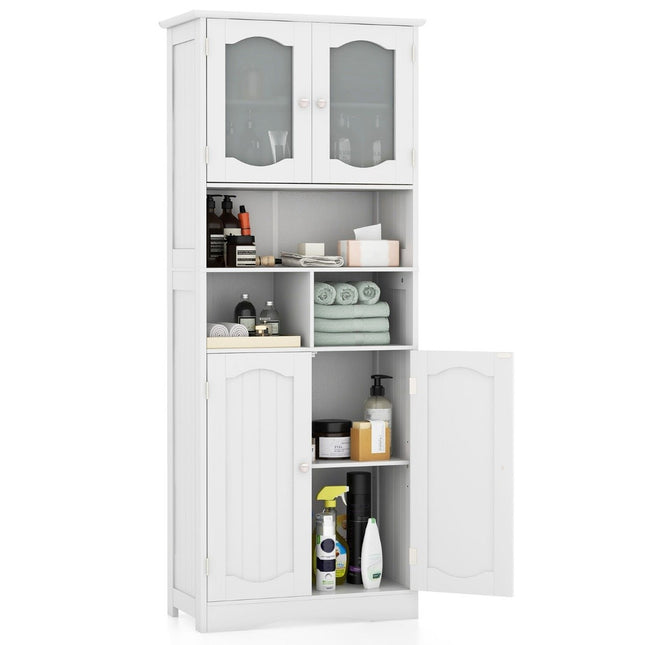 Bathroom cabinet, free-standing tall cabinet with 4 doors and shelves, white, 60 x 30 x 148.5 cm