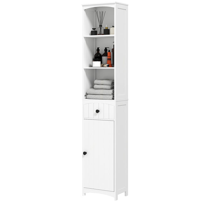 Tall white bathroom cabinet with 3 shelves & drawer