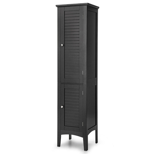Bathroom cabinet with 5 compartments & 2 louvre doors & shelves & anti-tilt device Narrow tall cabinet Black