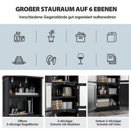 Bathroom cabinet with glass doors, 2 open compartments and adjustable shelves, black