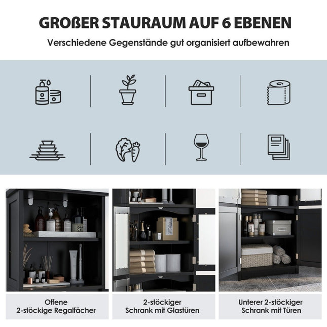 Bathroom cabinet with glass doors, 2 open compartments and adjustable shelves, black