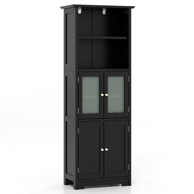 Bathroom cabinet with glass doors, 2 open compartments and adjustable shelves, black