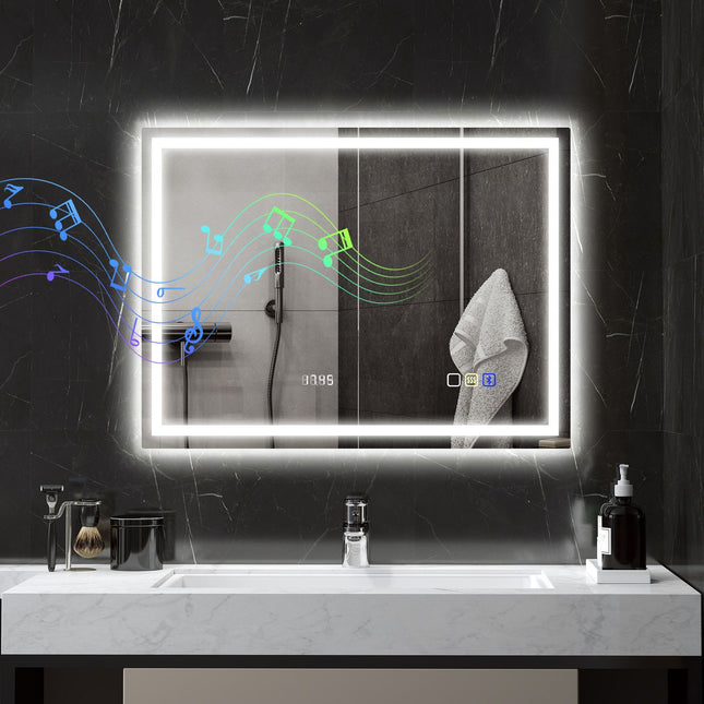 Bathroom mirror with LED lighting, anti-fog pad, 3 adjustable colors, clock, 600 x 800 mm, silver