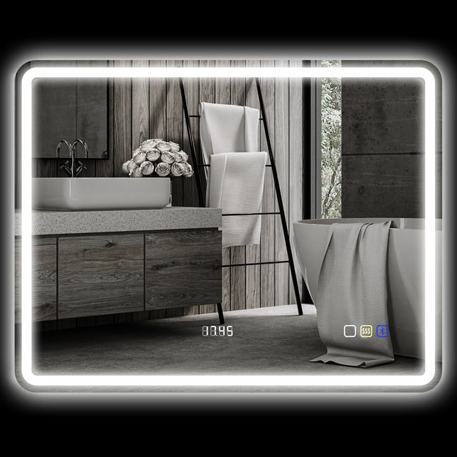Bathroom mirror with LED lighting, anti-fog pad, 3 adjustable colors, clock, 700 x 900 mm, silver