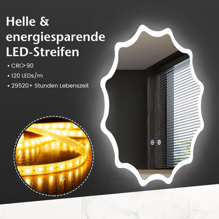 Bathroom mirror with anti-fog mirror heating wave design LED mirror wall mirror 60 x 60 cm