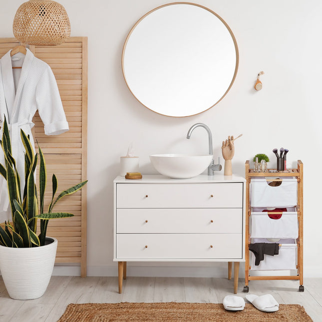 Bathroom shelf with 3 laundry baskets white