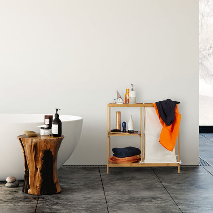 Bathroom shelf with bamboo laundry basket