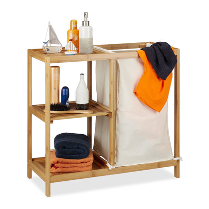 Bathroom shelf with bamboo laundry basket