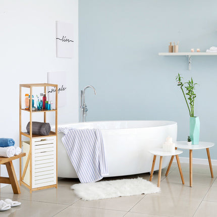Bathroom shelf with laundry basket