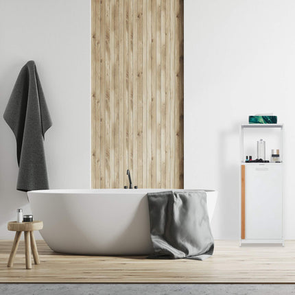 Bathroom shelf with laundry basket