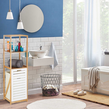 Bathroom shelf with laundry basket