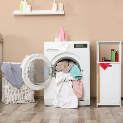 Bathroom shelf with laundry basket