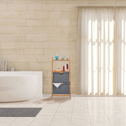 Bathroom shelf with laundry baskets