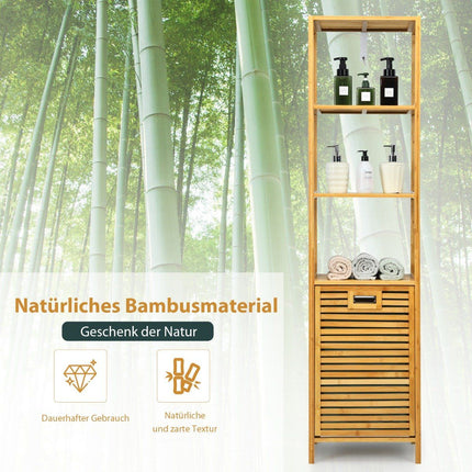 Bathroom tall cabinet with laundry basket made of bamboo with shelves ideal for bathroom 40 x 33 x 160 cm natural