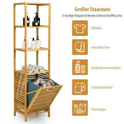 Bathroom tall cabinet with laundry basket made of bamboo with shelves ideal for bathroom 40 x 33 x 160 cm natural