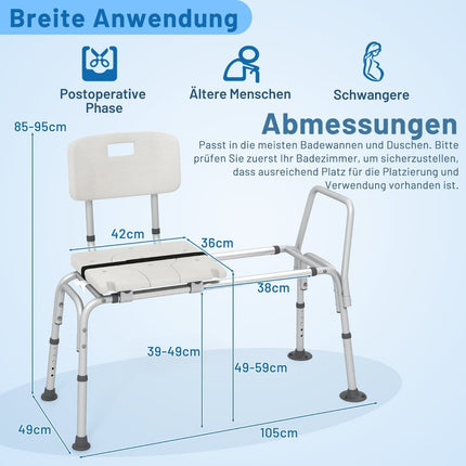 Bathtub Transfer Bench, Adjustable Height, Wide Seat, Safety Belt