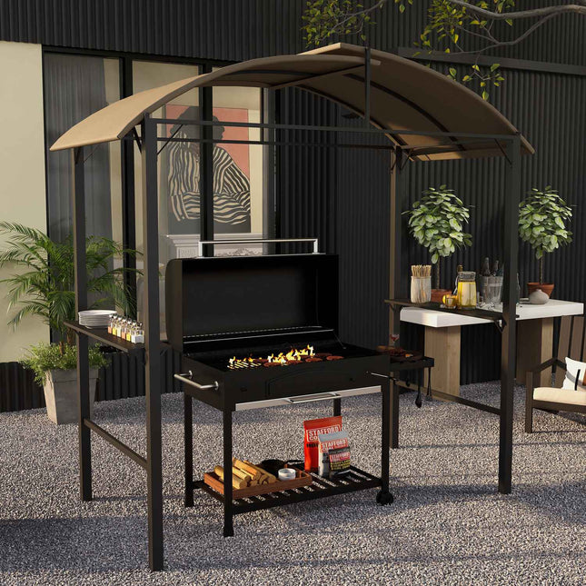 Weatherproof BBQ Grill Gazebo - Khaki, Steel, Side Shelves