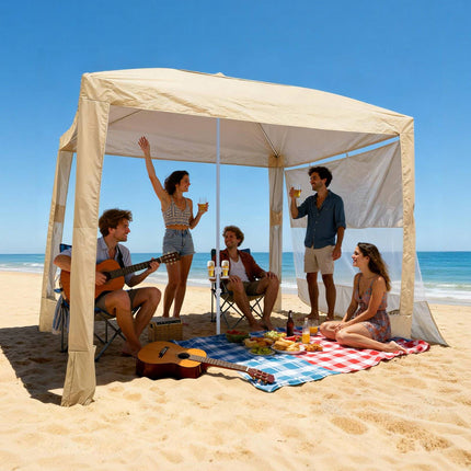 Beach Cabana Tent 8x8 Ft, UPF 50+, Side Wall, Sand Pockets