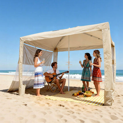 Beach Cabana Tent 8x8 Ft, UPF 50+, Side Wall, Sand Pockets