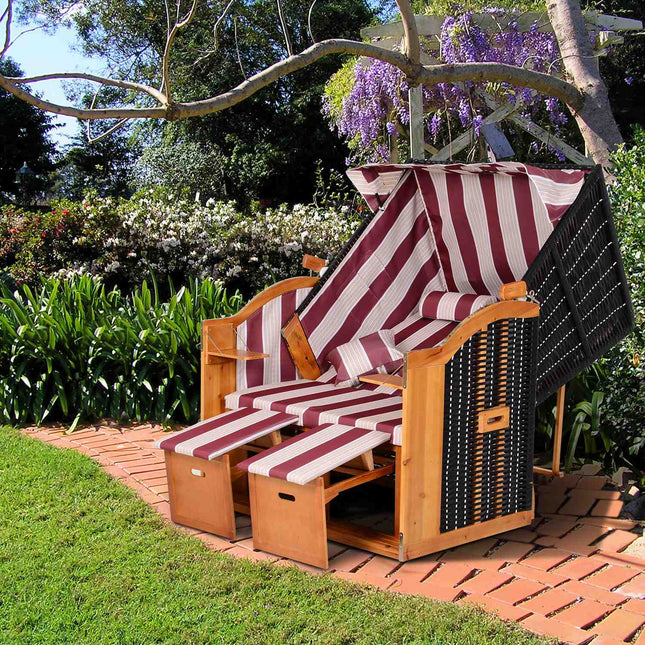 Double sun lounger with roof and drink holder, red/white