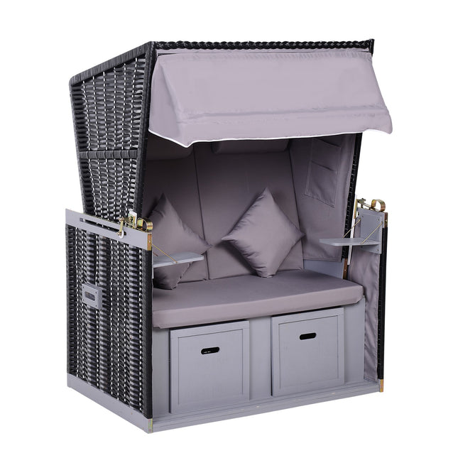 Double armchair sun lounger, PE rattan, cup holder, grey