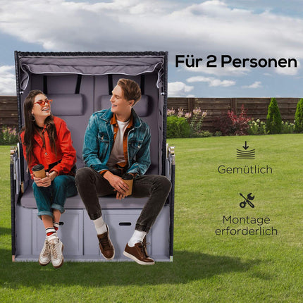 Double armchair sun lounger, PE rattan, cup holder, grey