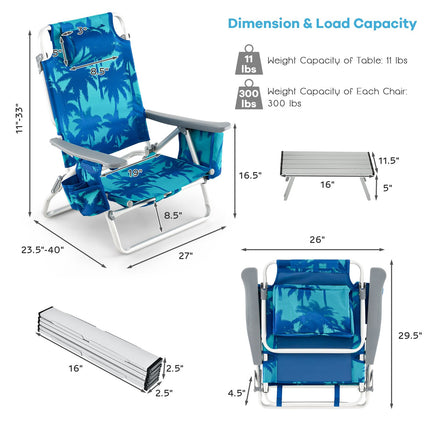 Beach Chair Set, 2 Pack Reclining Backpack Chairs With Table