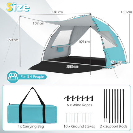 Beach Tent Sun Shelter, UPF50+, 3-4 Person, Extended Floor