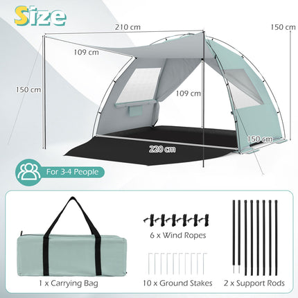 Beach Tent Sun Shelter, UPF50+, 3-4 Person, Extended Floor
