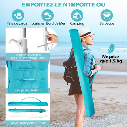Beach Umbrella 198cm, Push-Button Tilt, Sand Anchor Bag