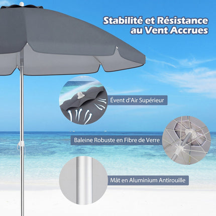 Beach Umbrella 198cm, Push-Button Tilt, Sand Anchor, Carry Bag