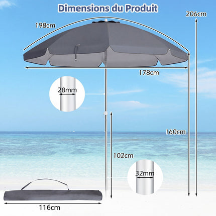 Beach Umbrella 198cm, Push-Button Tilt, Sand Anchor, Carry Bag