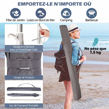 Beach Umbrella 198cm, Push-Button Tilt, Sand Anchor, Carry Bag