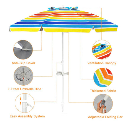 Beach Umbrella 200 cm, Tilt Canopy, Cup Holder, Bag