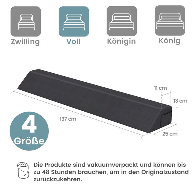 Bed Wedge Pillow with Side Pocket – 137 x 25 x 13 cm, Grey